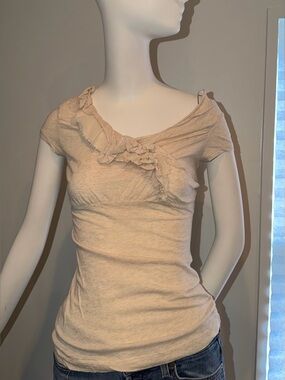 Cream Ruffled Short-Sleeve V-Neck Top